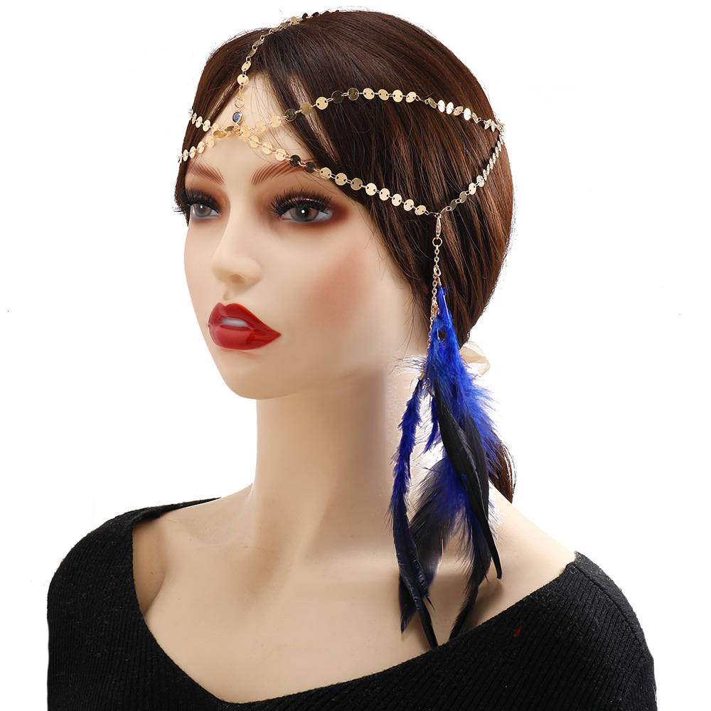New women hair accessory headchain, European and American retro Bohemian Indian feather glitter hair chains