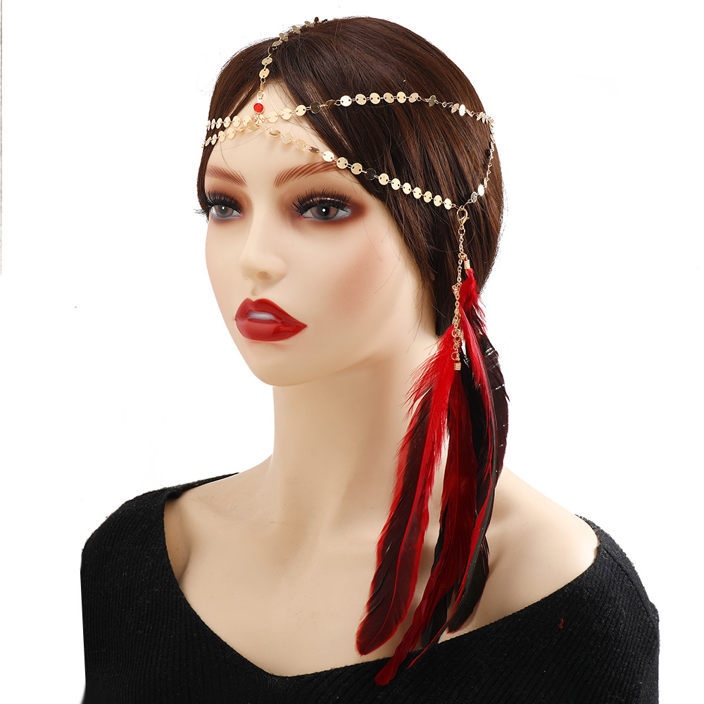 New women hair accessory headchain, European and American retro Bohemian Indian feather glitter hair chains