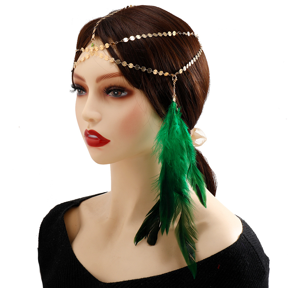 New women hair accessory headchain, European and American retro Bohemian Indian feather glitter hair chains