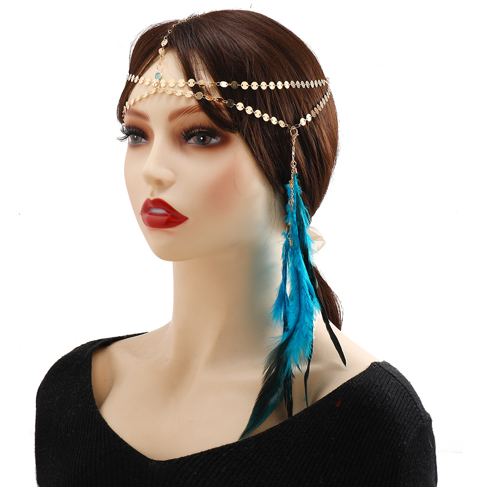 New women hair accessory headchain, European and American retro Bohemian Indian feather glitter hair chains