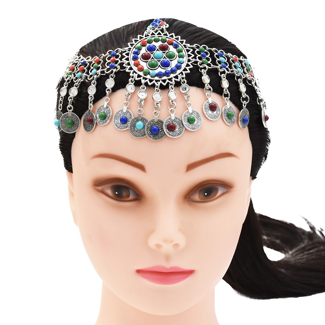 Women Colorful Beads Coin Tassel Belly Dance Head Chain Costume Gypsy  Tikka Costume Jewelry