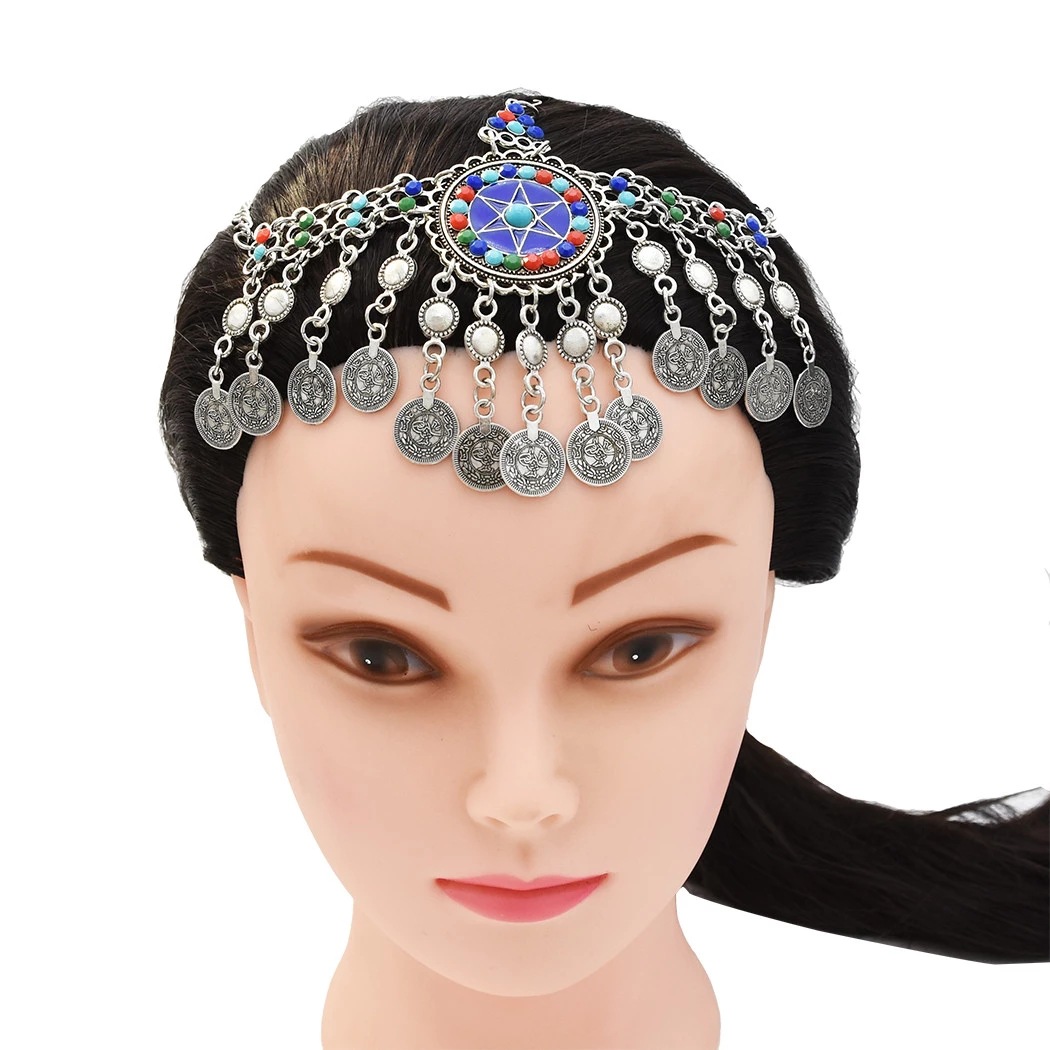 Women Colorful Beads Coin Tassel Belly Dance Head Chain Costume Gypsy  Tikka Costume Jewelry