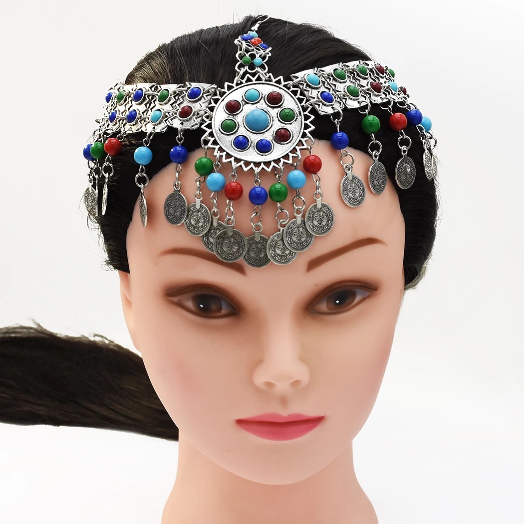 Women Colorful Beads Coin Tassel Belly Dance Head Chain Costume Gypsy  Tikka Costume Jewelry
