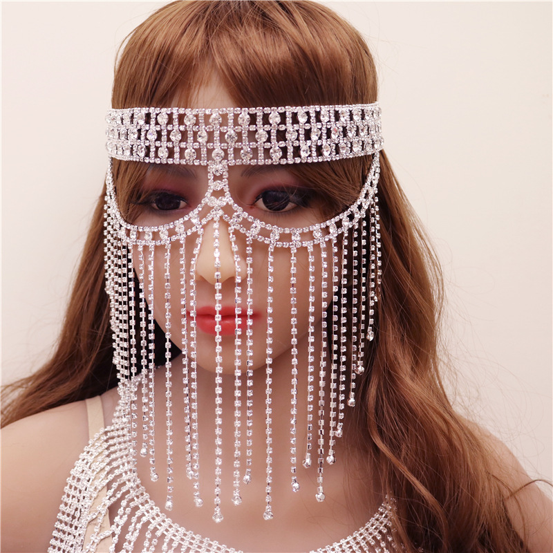 Women Rhinestone Head Chains Hollow Out Full Face Cover Long Tassel Head Wear Jewelry Headdress Accessories