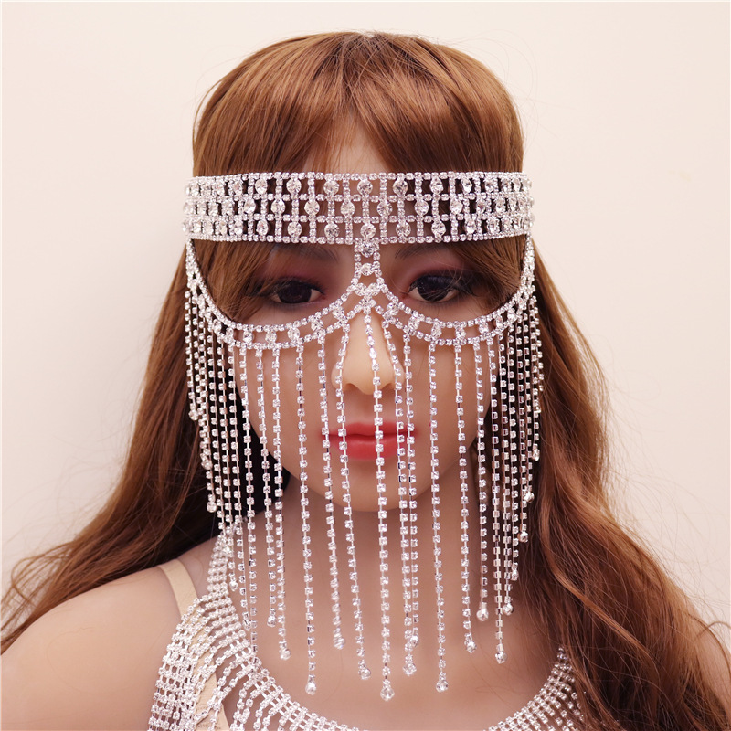  Women Rhinestone Head Chains Hollow Out Full Face Cover Long Tassel Head Wear Jewelry Headdress Accessories