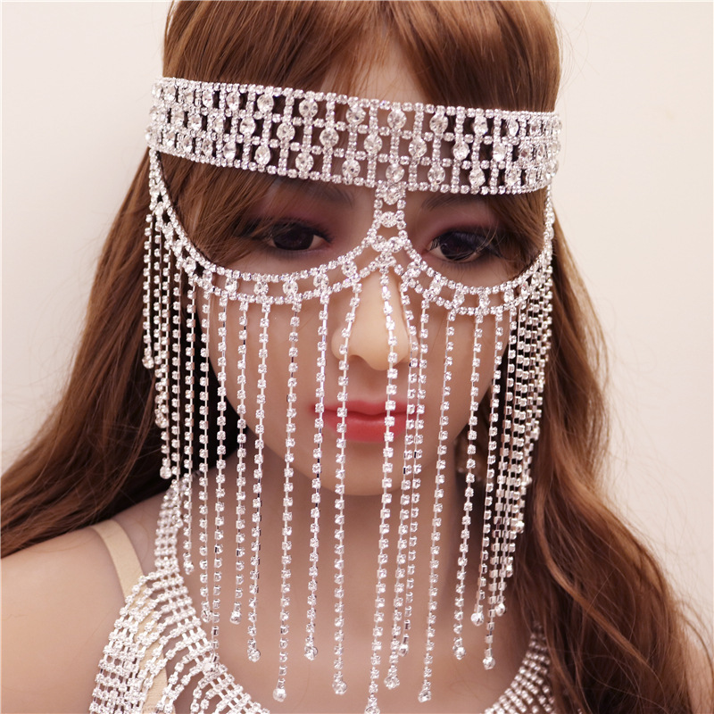  Women Rhinestone Head Chains Hollow Out Full Face Cover Long Tassel Head Wear Jewelry Headdress Accessories