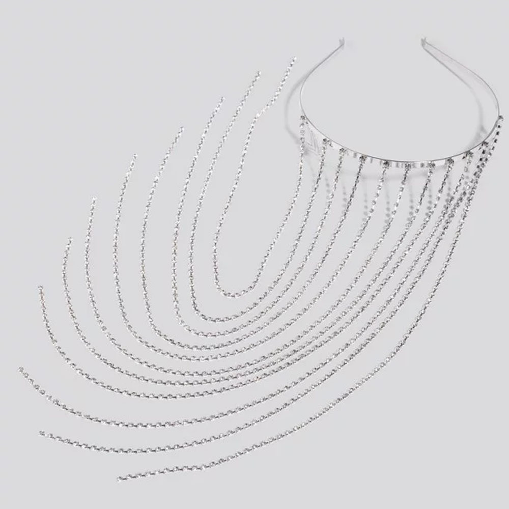 New designer European silver rhinestone headband hanging crystal chain tassel hairbands women long chain link headband