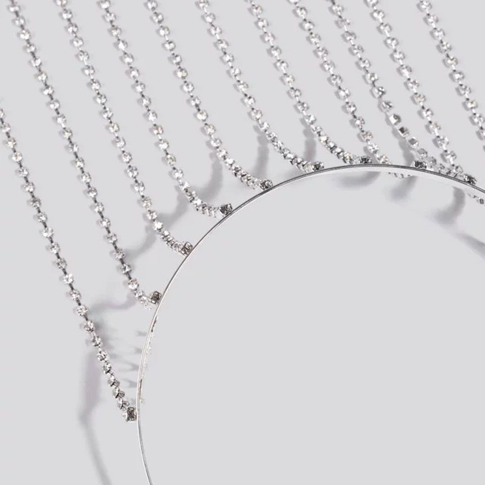 New designer European silver rhinestone headband hanging crystal chain tassel hairbands women long chain link headband