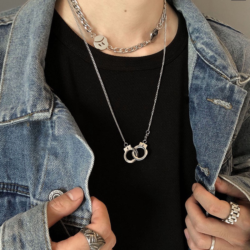 Trending Necklaces 2021 18k Gold and Steel Color Stainless Steel Handcuff Charm Pendant Necklace Jewelry Set Handcuff Ne