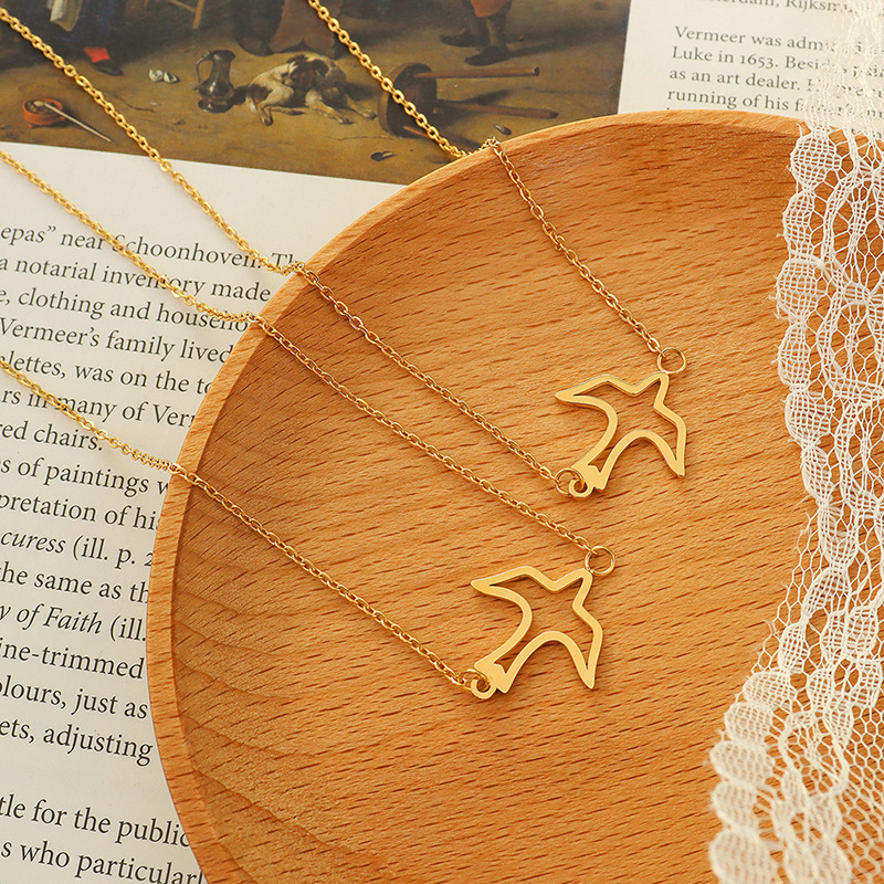 Fashion swallow charms and pendants stainless steel jewelry 18k pvd gold plated bead chain necklace collar de acero inox