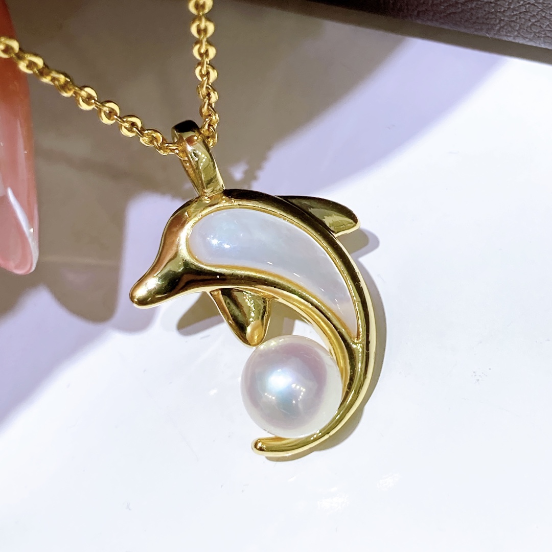 Shell Dolphin Charm Pendant Necklace Natural Freshwater Pearl Chain Jewelry  Gifts