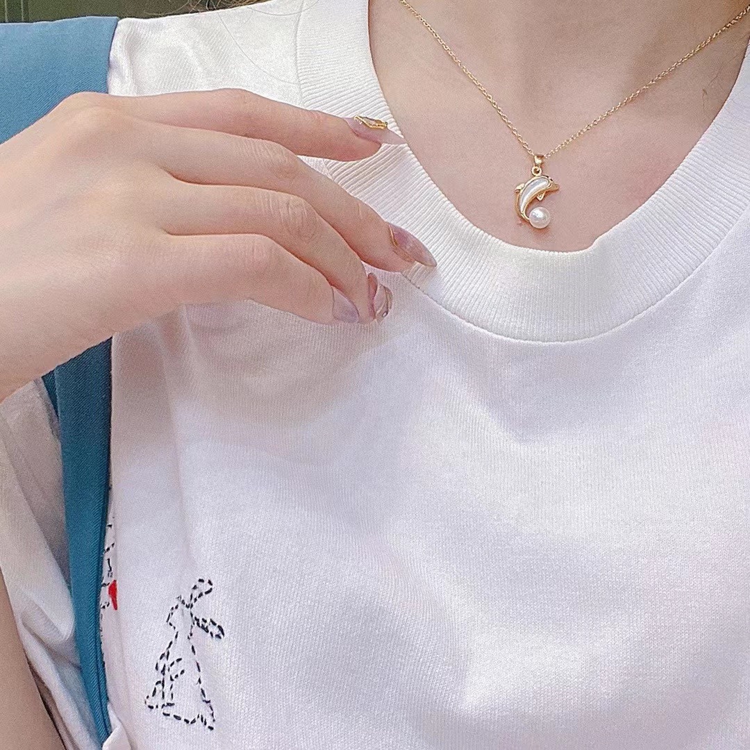 Shell Dolphin Charm Pendant Necklace Natural Freshwater Pearl Chain Jewelry  Gifts