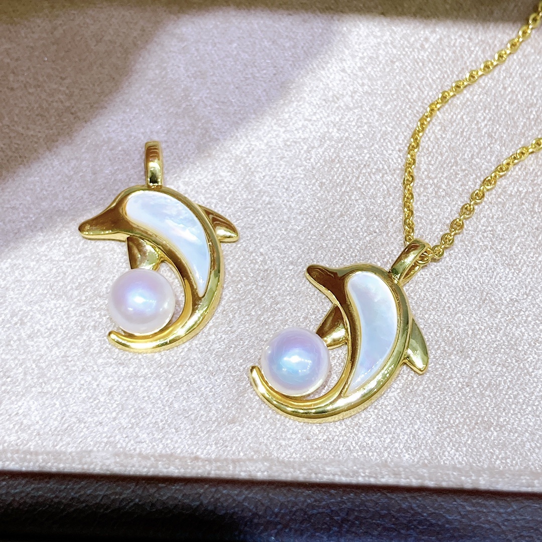 Shell Dolphin Charm Pendant Necklace Natural Freshwater Pearl Chain Jewelry  Gifts
