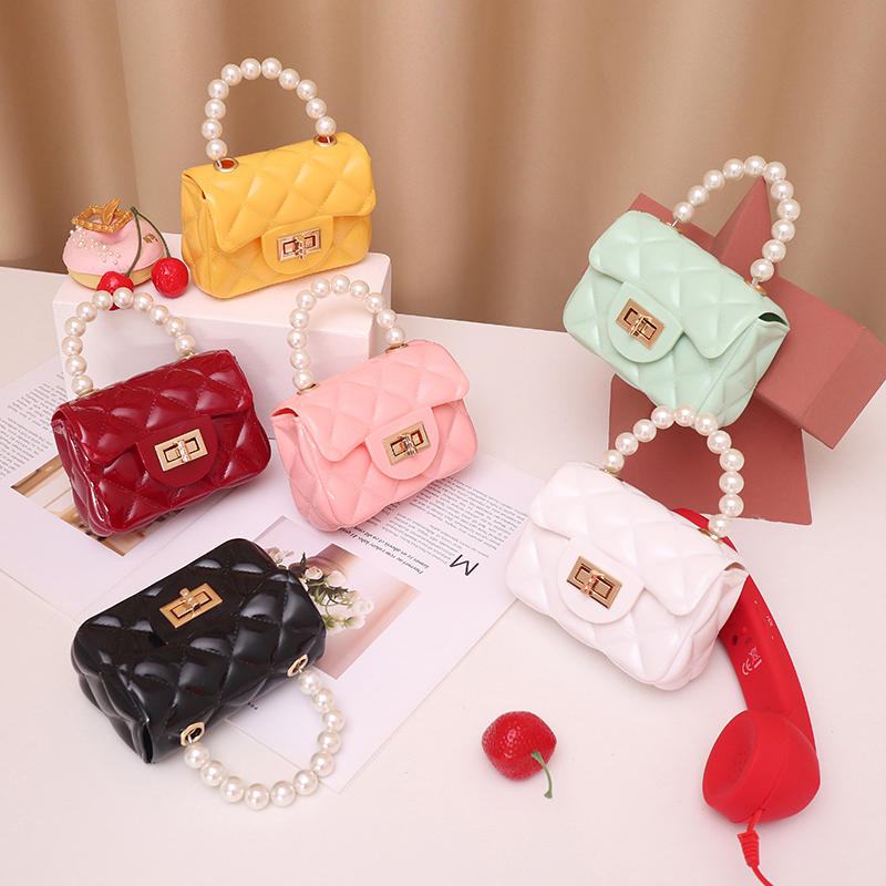 Children Pearl Handle Mini Jelly Bag Coin Purse Girls Chain Shoulder Mini Handbags Kids Jelly Bag
