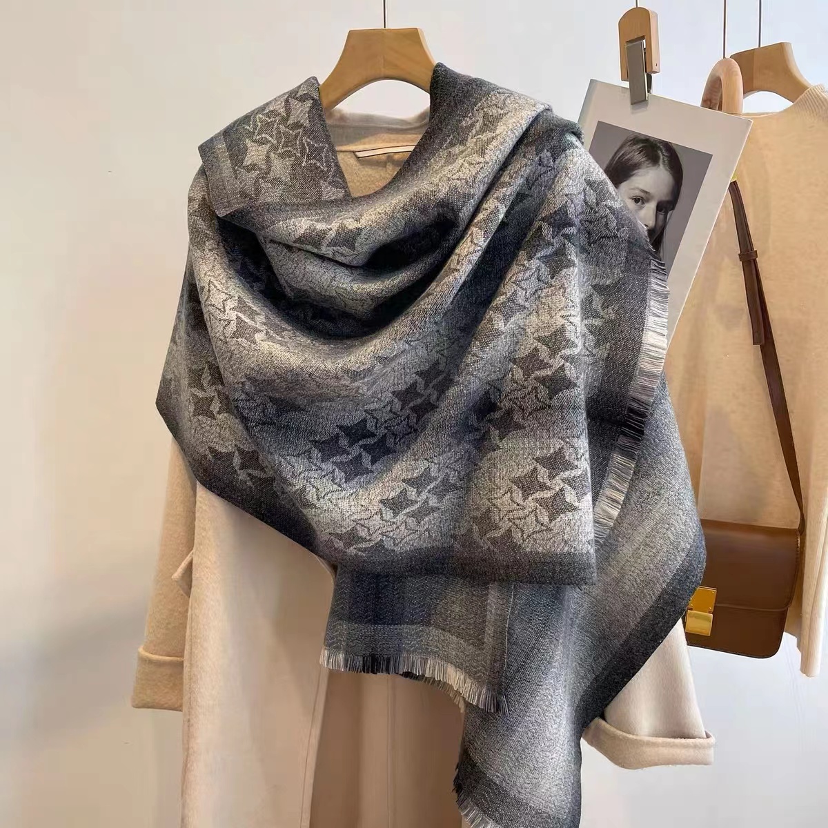 2023 Cashmere Scarf Women's New Winter Silk Scarf Color Contrast Plaid Warm Tassel Shawl Thickened Fashion Neck