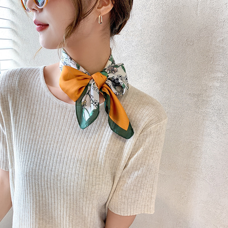 Black and white silk satin small square scarf summer fashion women's decorative headscarf