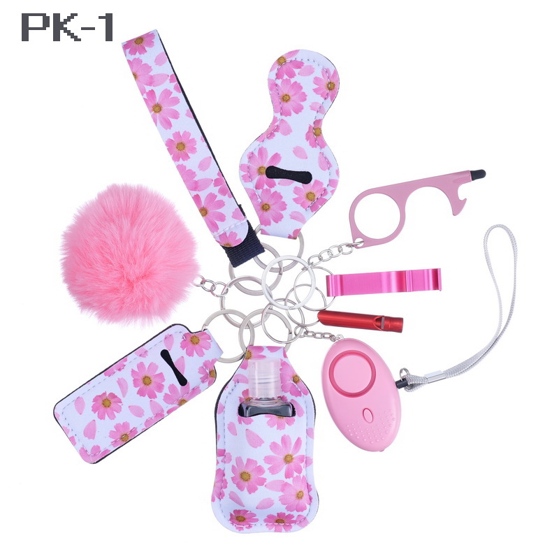 2023 new 's hot sale multi colors alarm pompom wristlet self defense keychain set