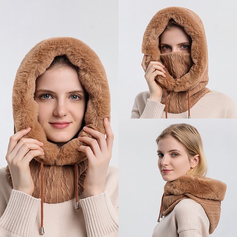 Women Slouchy Beanie Fur Cap Hats Scarf Mask Drawstring Warm Hooded Winter Pullover Knitted Hat
