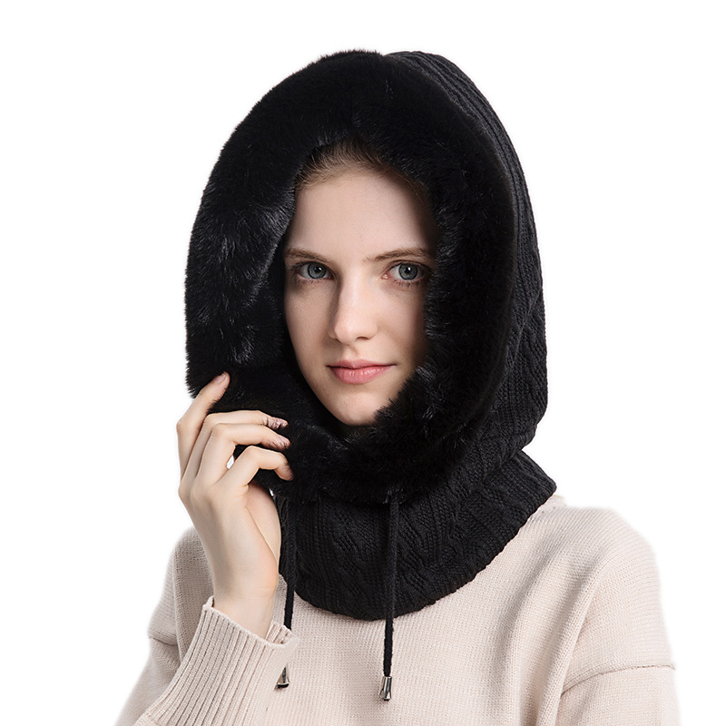 Women Slouchy Beanie Fur Cap Hats Scarf Mask Drawstring Warm Hooded Winter Pullover Knitted Hat