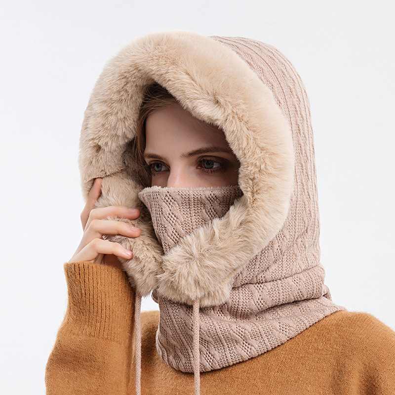 Women Slouchy Beanie Fur Cap Hats Scarf Mask Drawstring Warm Hooded Winter Pullover Knitted Hat