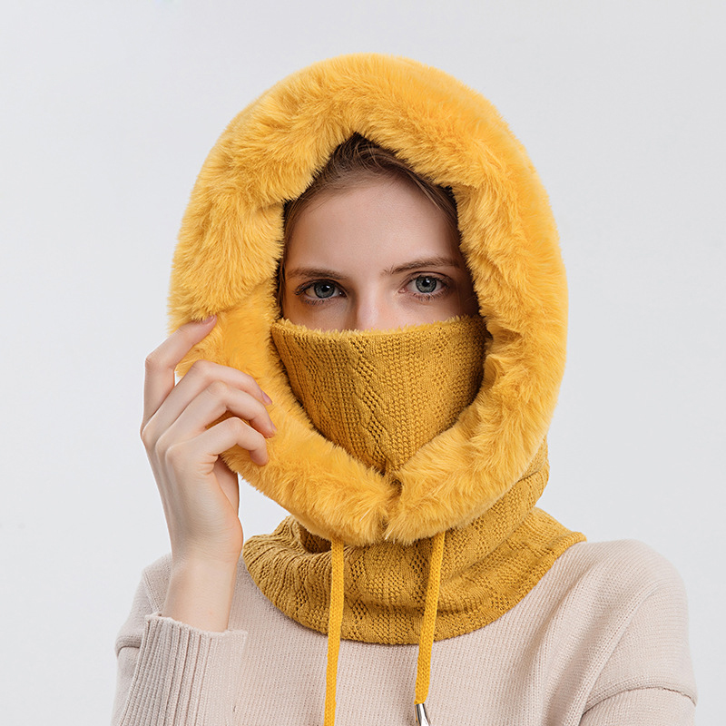 Women Slouchy Beanie Fur Cap Hats Scarf Mask Drawstring Warm Hooded Winter Pullover Knitted Hat
