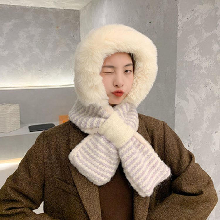 Fashion Designed Striped Plush Hats and Scarfs Winter Thickened Pullover Hat Warm Scarf