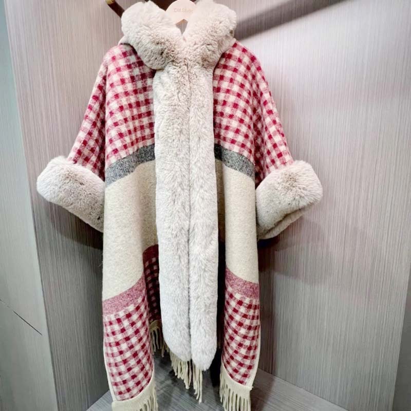Lady Hooded Cloak Poncho Faux Rabbit Fur Cape Wrap Stoles Cardigan Coat Cashmere Shawl Scarves Scarfs for Women