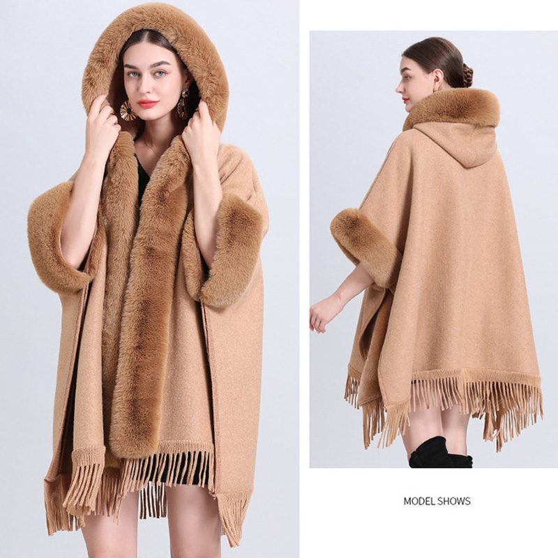 Lady Hooded Cloak Poncho Faux Rabbit Fur Cape Wrap Stoles Cardigan Coat Cashmere Shawl Scarves Scarfs for Women