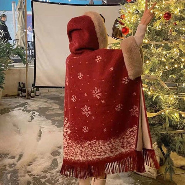 Lady Hooded Cloak Poncho Faux Rabbit Fur Cape Wrap Stoles Cardigan Coat Cashmere Shawl Scarves Scarfs for Women