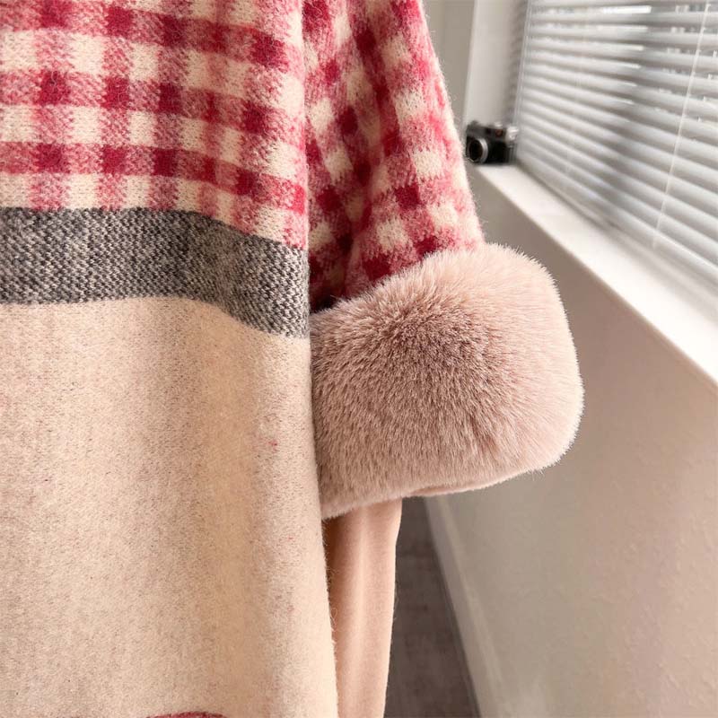 Lady Hooded Cloak Poncho Faux Rabbit Fur Cape Wrap Stoles Cardigan Coat Cashmere Shawl Scarves Scarfs for Women