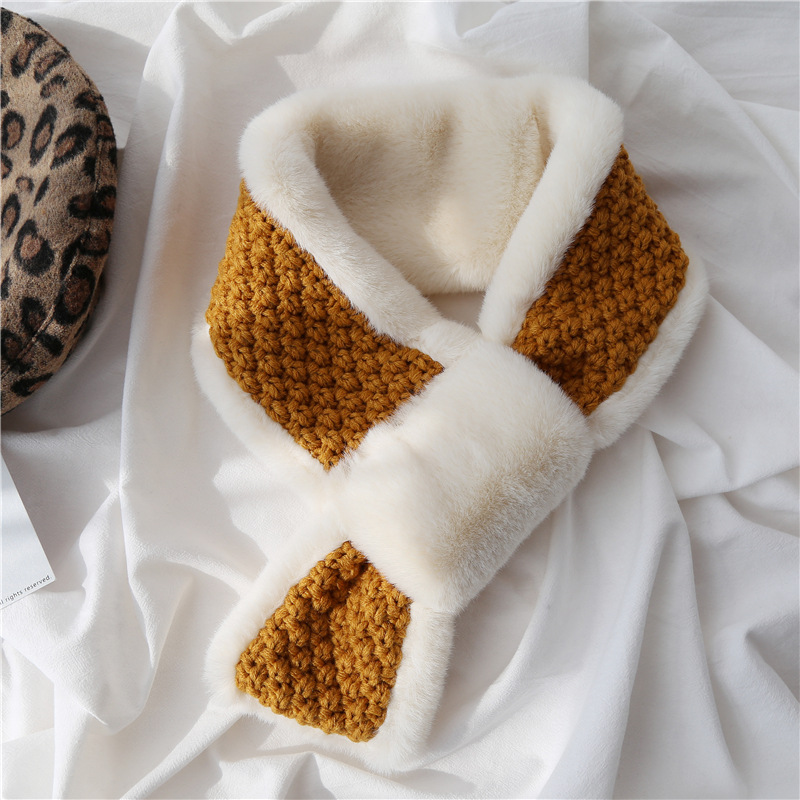 Autumn and Winter Scarf Female Thick Warm Knitting Cross Collar Double Sided Stitching Imitation Rabbit Fur Plush Scarf