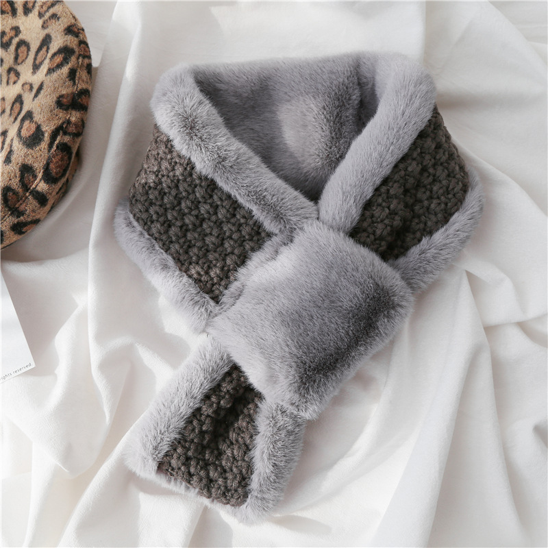 Autumn and Winter Scarf Female Thick Warm Knitting Cross Collar Double Sided Stitching Imitation Rabbit Fur Plush Scarf
