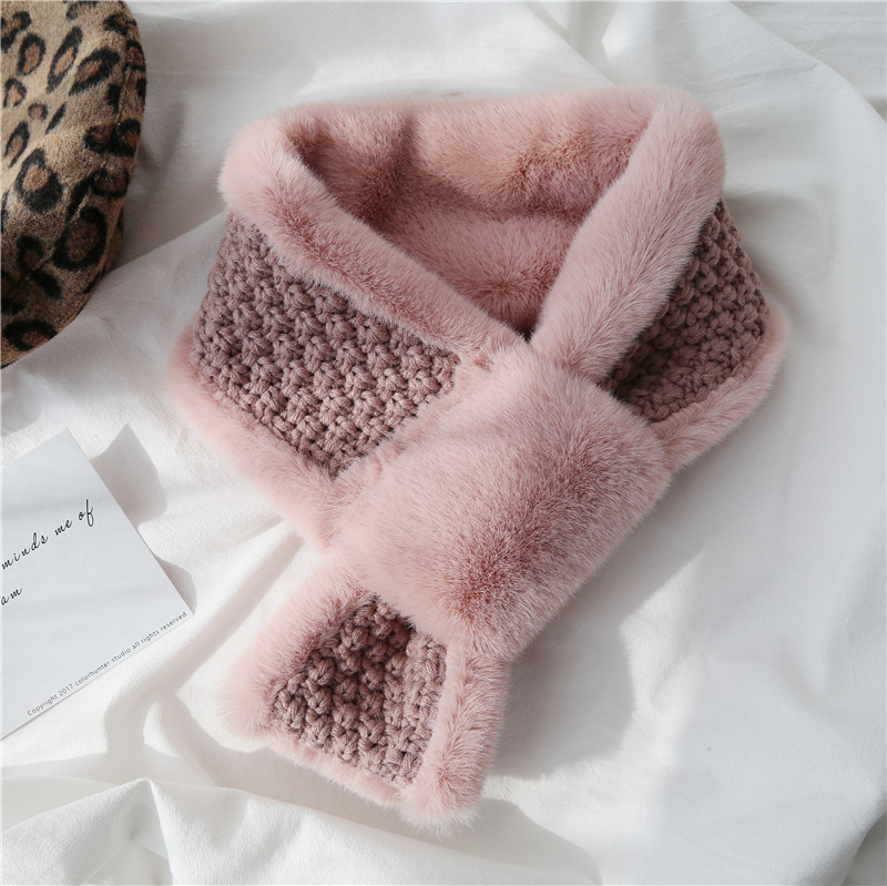 Autumn and Winter Scarf Female Thick Warm Knitting Cross Collar Double Sided Stitching Imitation Rabbit Fur Plush Scarf