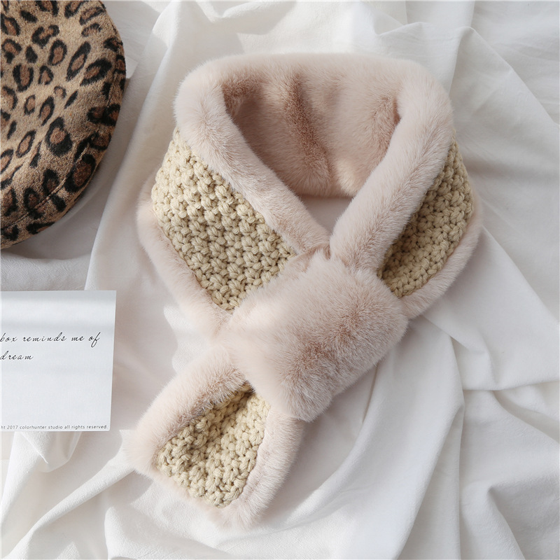 Autumn and Winter Scarf Female Thick Warm Knitting Cross Collar Double Sided Stitching Imitation Rabbit Fur Plush Scarf