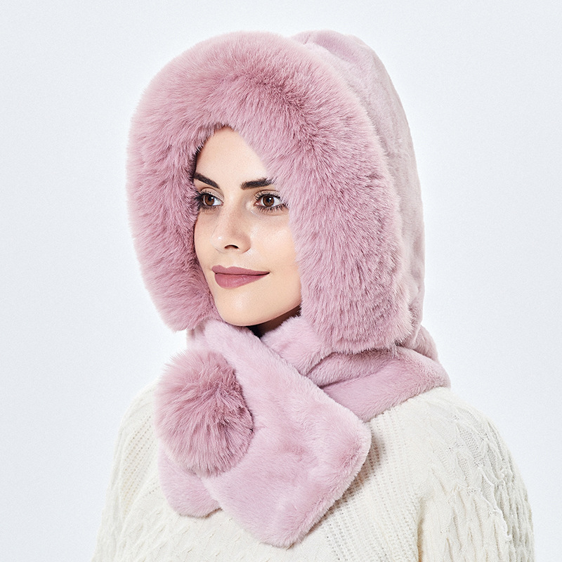 Winter Warm Knitted Hat Fur Women Hat with Scarf Lady Outdoor Thicken Plush Fluffy Cap Hats for Women