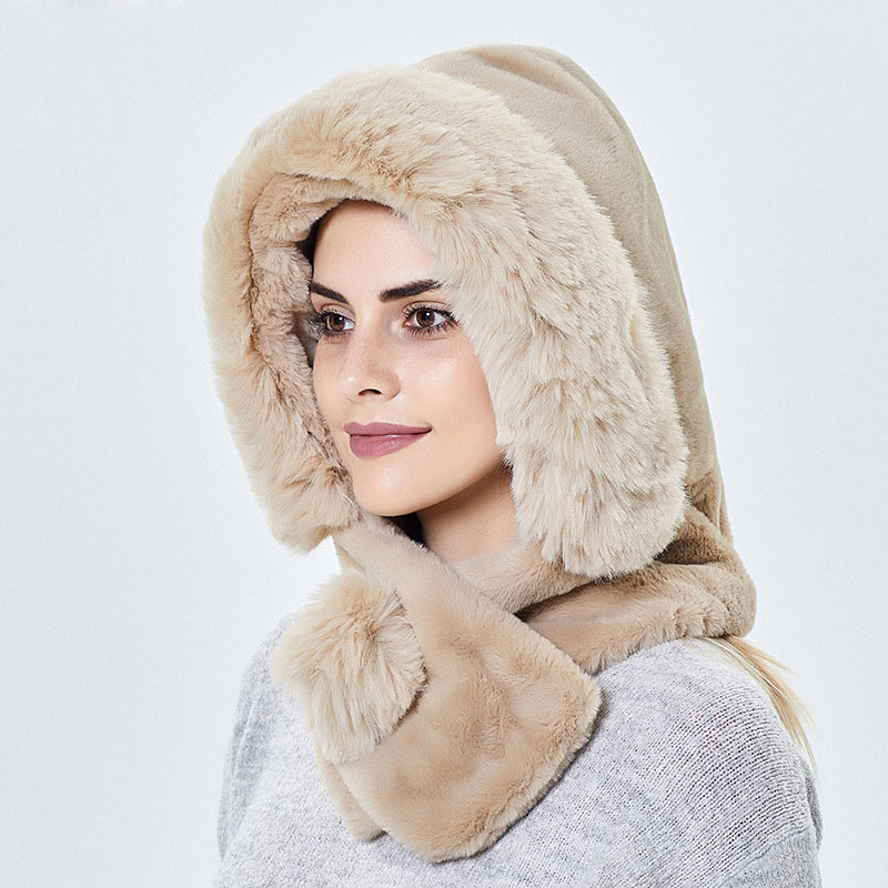 Winter Warm Knitted Hat Fur Women Hat with Scarf Lady Outdoor Thicken Plush Fluffy Cap Hats for Women