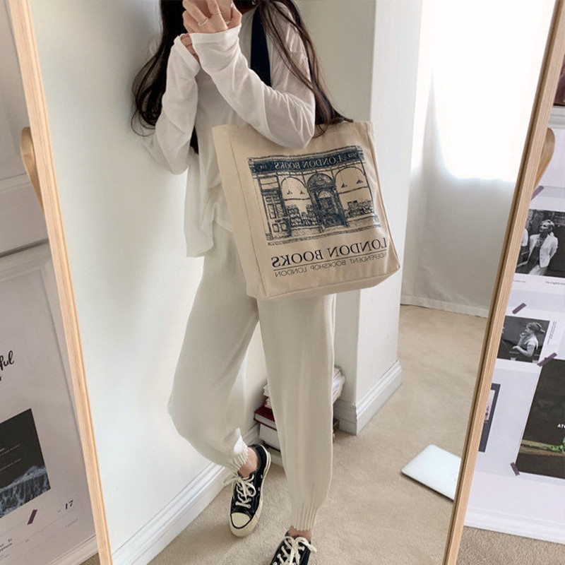 Fashion Casual Women Canvas Shoulder Ladies Casual Handbag Tote Bag Printed Cotton Shopping Beach Bag
