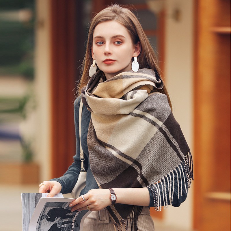Autumn Winter Scarf Women's Long Scarf Retro Plaid Fringed Scarf Shawl