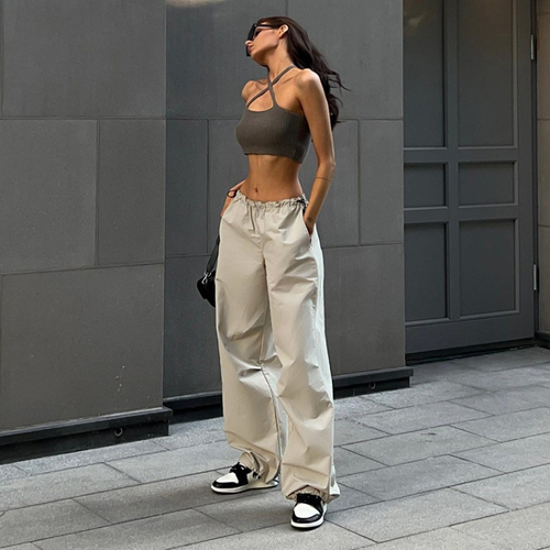 Enyami Y2K Fashion Chic Gray Jogging Bottom Streetwear Women Sport Parachute Sweatpants Low Waist Ladies Trousers Cargo 