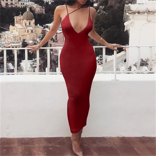 T1414 New summer women's sexy V-neck halter dress dress with backless pure color full-body skirt tight dress women