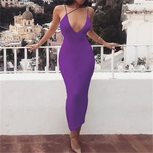 T1414 New summer women's sexy V-neck halter dress dress with backless pure color full-body skirt tight dress women