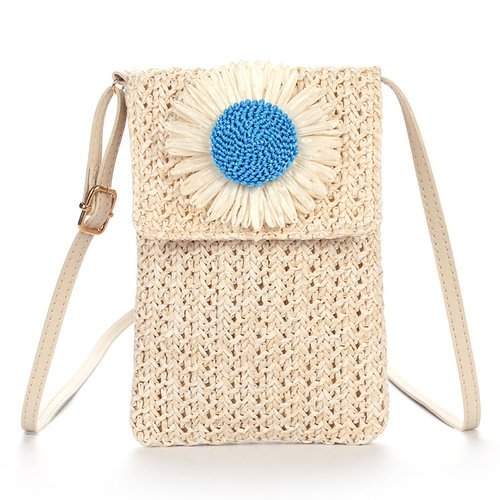 Fashion messenger bag diagonal cross bag solid color small daisy straw woven  lady's mobile phone bag