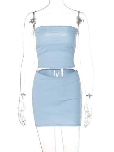 Two Piece Set Women Clothing Summer 2023 Solid Tube Top Mini Two Piece Skirt And Top Set For Women