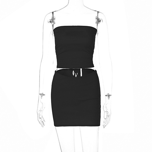 Two Piece Set Women Clothing Summer 2023 Solid Tube Top Mini Two Piece Skirt And Top Set For Women