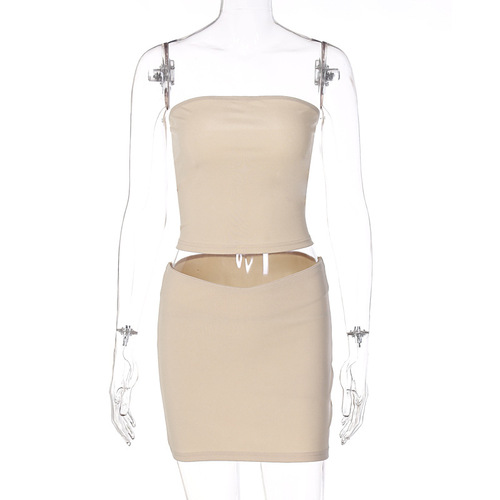 Two Piece Set Women Clothing Summer 2023 Solid Tube Top Mini Two Piece Skirt And Top Set For Women
