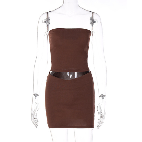 Two Piece Set Women Clothing Summer 2023 Solid Tube Top Mini Two Piece Skirt And Top Set For Women