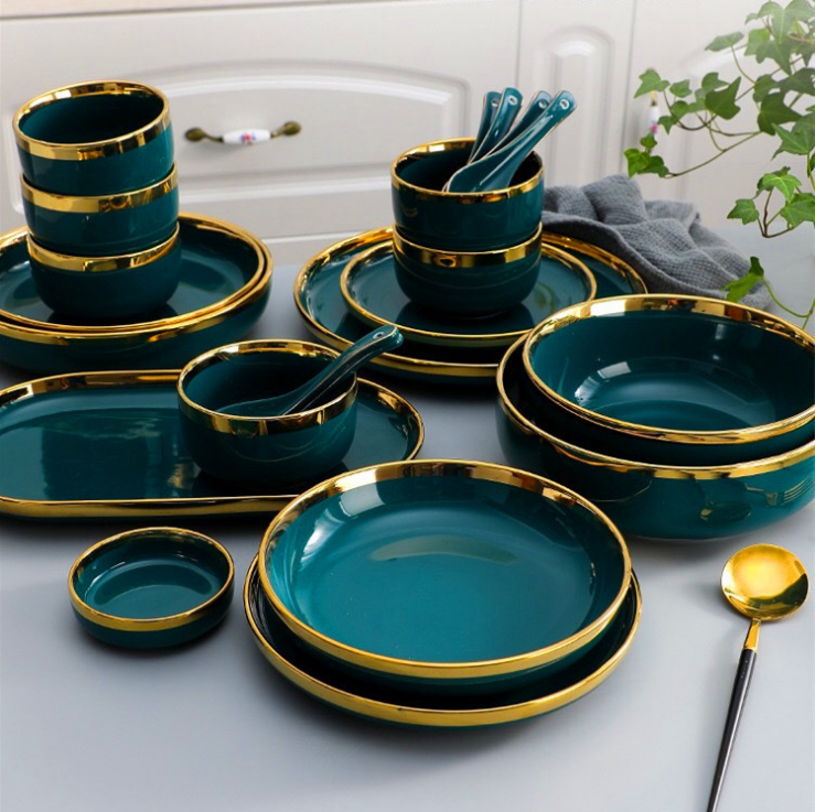 China  Luxury Porcelain Dinner Set Gold Ceramic Tableware Stoneware Plates Sets Dinnerware Set