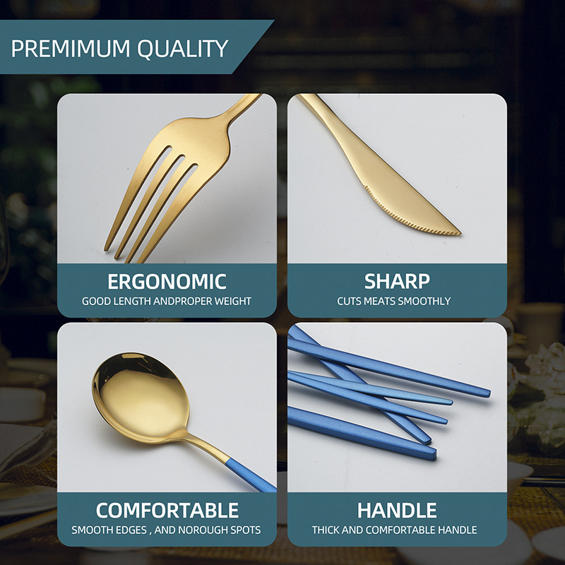 Portuguese Gold Plated Stainless Steel Flatware Set Elegant Tableware with Knife, Spoon, Fork