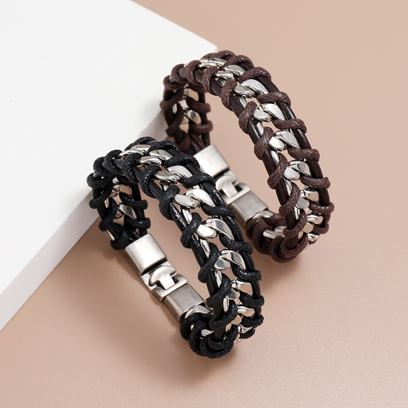 New design metal chain leather woven Bracelet genuine leather handmade bangle men gift