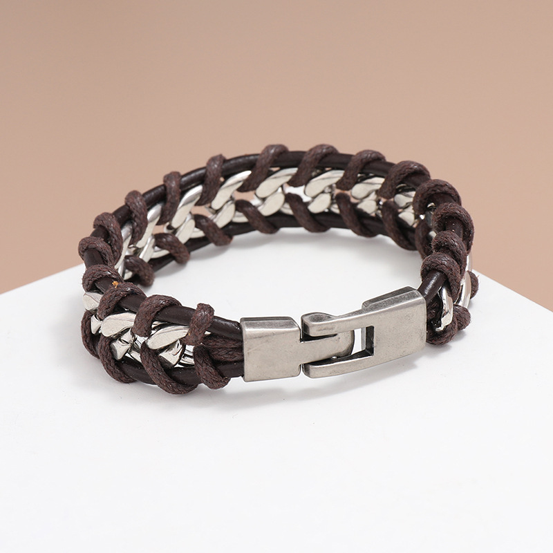 New design metal chain leather woven Bracelet genuine leather handmade bangle men gift